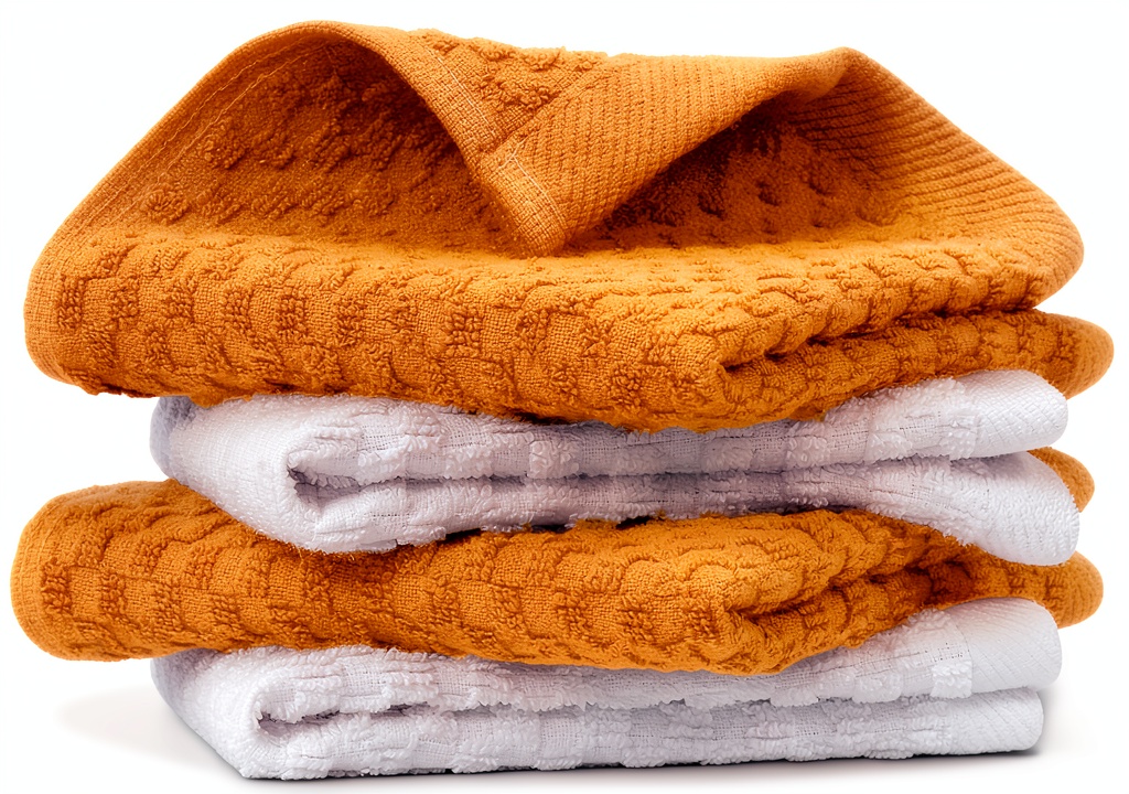 Infinitee Xclusives cotton dish cloths in vibrant colors on a kitchen counter